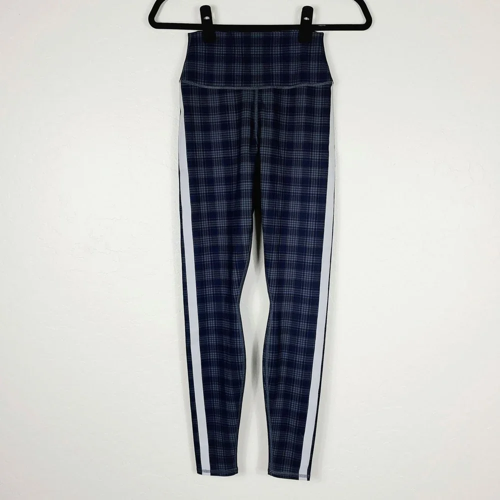 NEW Alo Yoga Occasion Leggings S Black Gray Plaid Reflective Stripe High-Waist - Picture 4 of 9